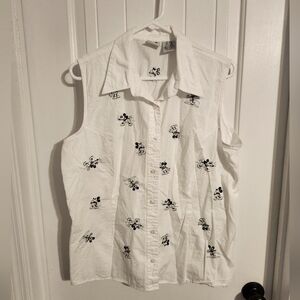 White Sleeveless Button-down with Mickey Mouse Black Embroidery 100% Cotton